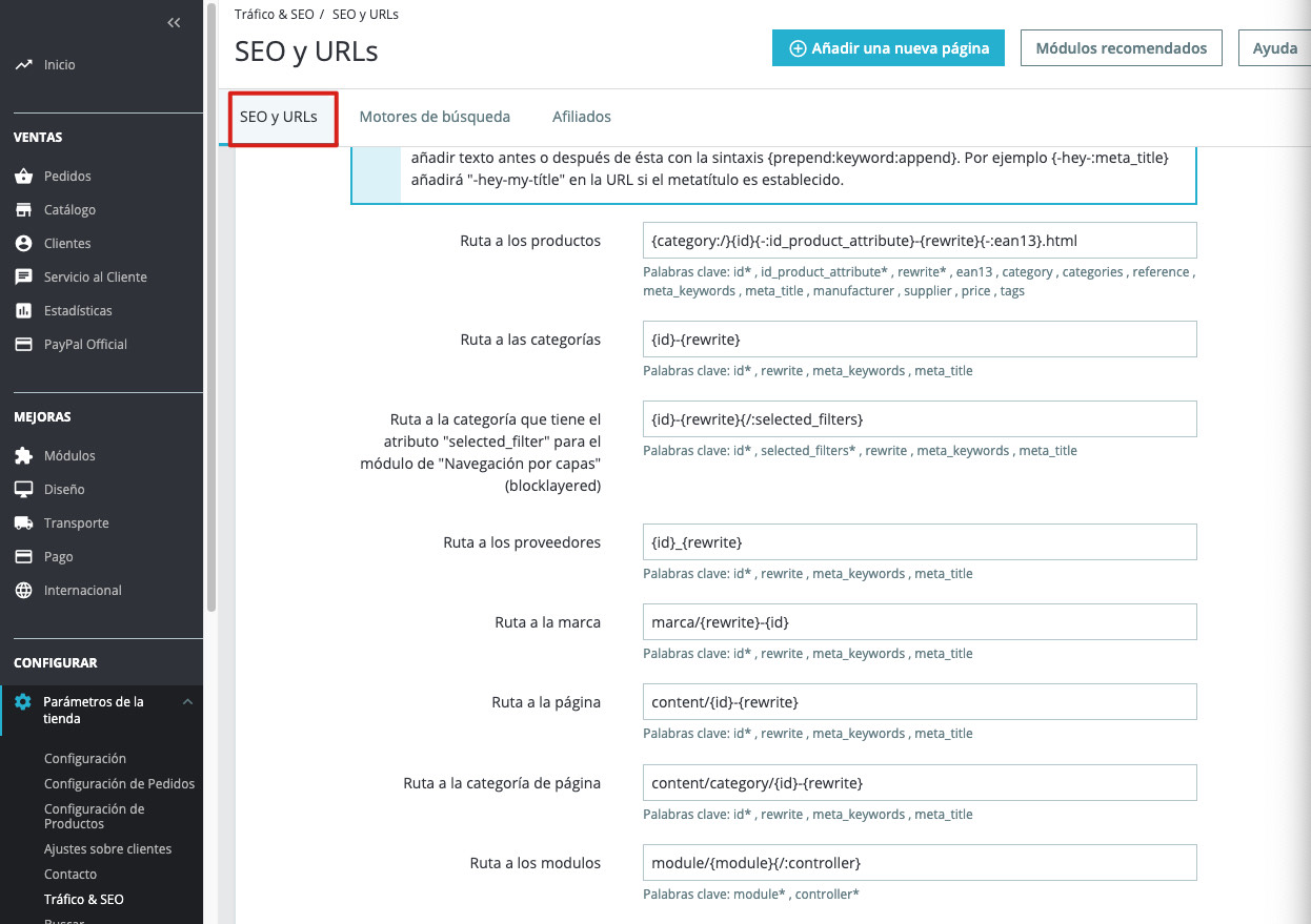 opción para poder cambiar la configuración de las URLs en PrestaShop