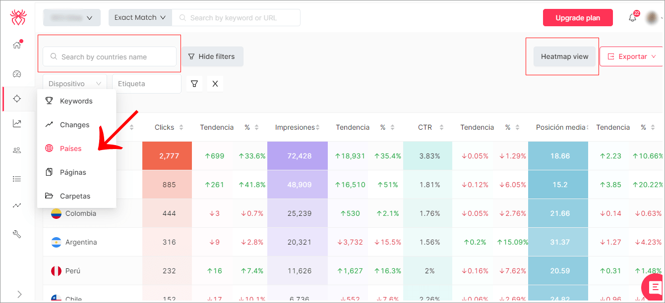 Dashboard de países SEOcrawl