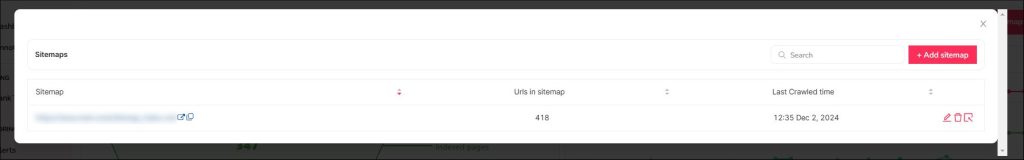 Manage sitemaps pop-up in SEOcrawl
