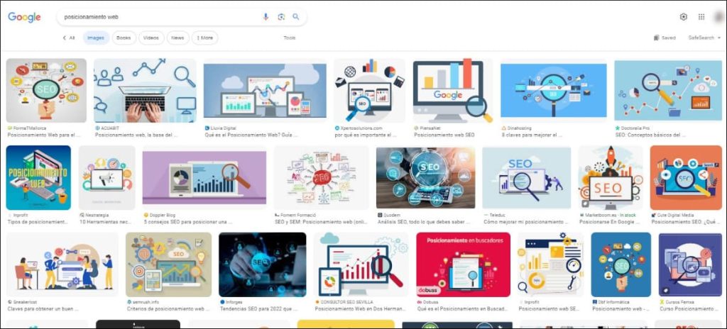 Captura de pantalla de los actuales resultados de Google Imágenes para la palabra clave "posicionamiento web".