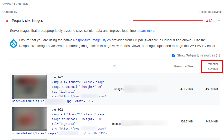 Page Speed Insights tool from Google with recommendations to properly size images