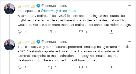 ¿Qué afirma John Mueller sobre las redirecciones 302?