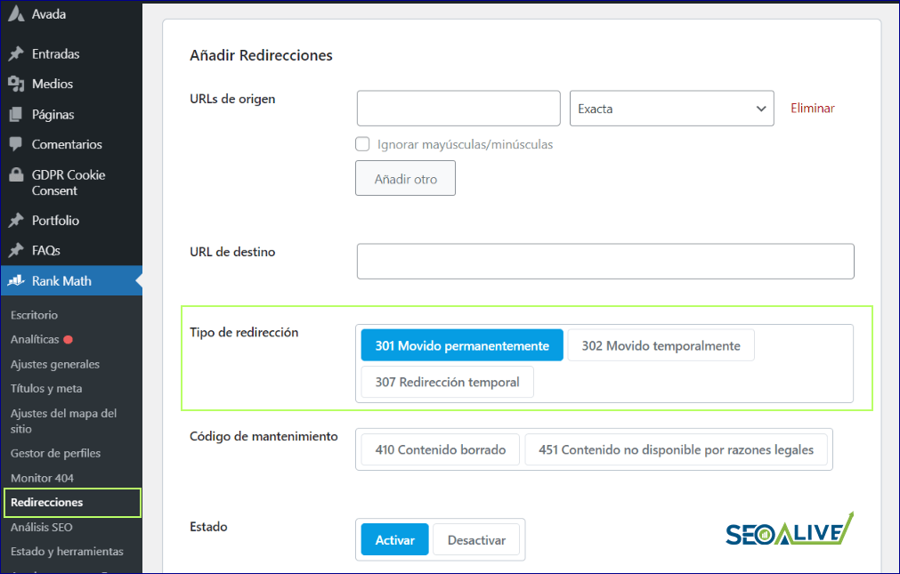 Redirecciones SEO Rank Math
