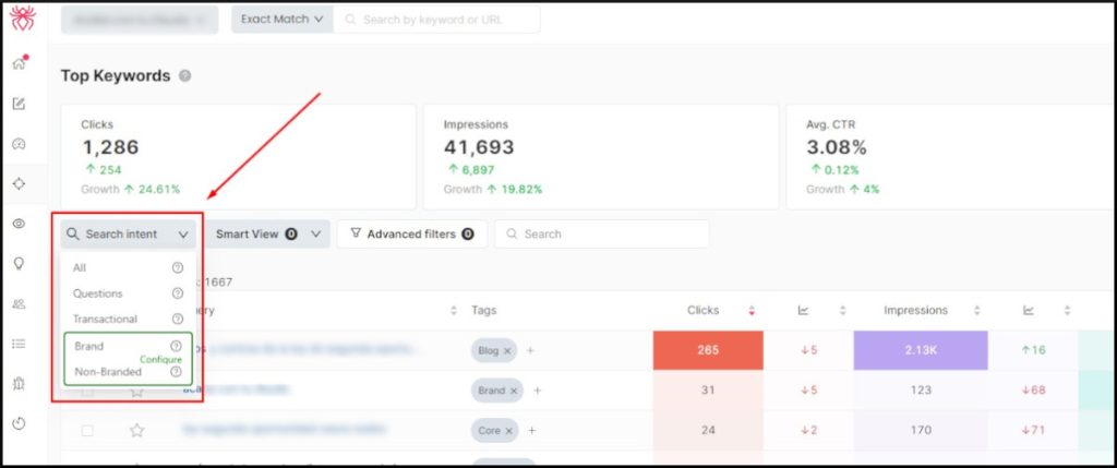 Nueva opción search intent en SEOcrawl