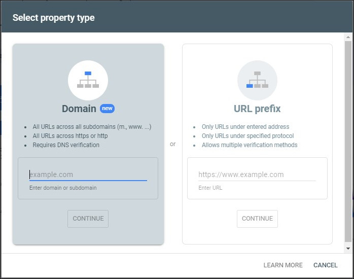 Add Property screen on Google Search Console