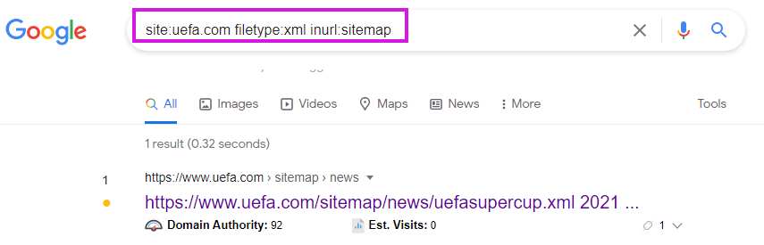 Operator inurl to find sitemaps