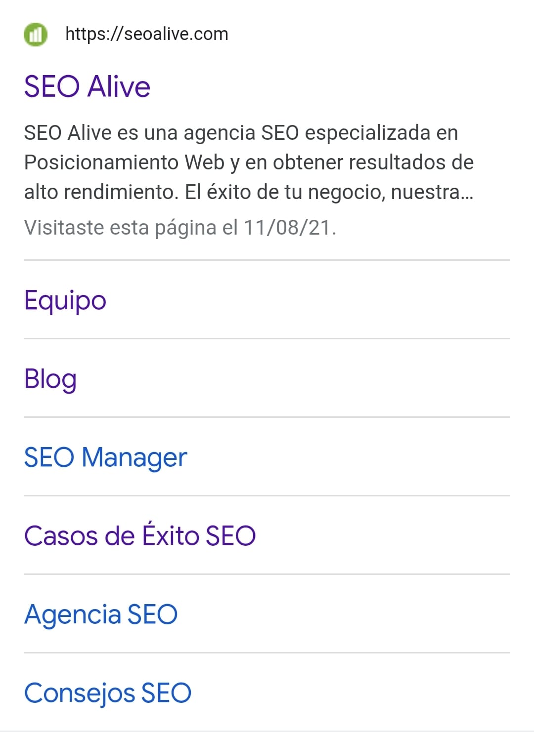 SERPs SEO Alive en mobile con sitelinks