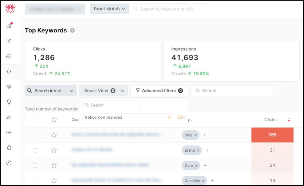 Ejemplo de smart view guardada en SEOcrawl