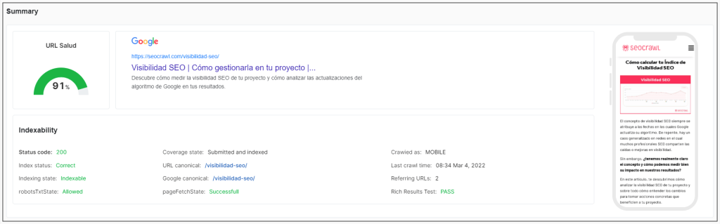 Summary de la nueva vista de URL en SEOcrawl