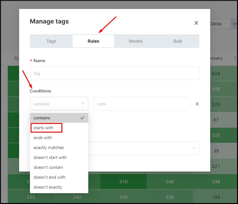 "Starts with" Condition in tag management