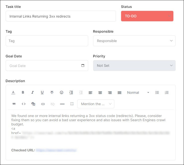 Task added directly from the URLs' Health function