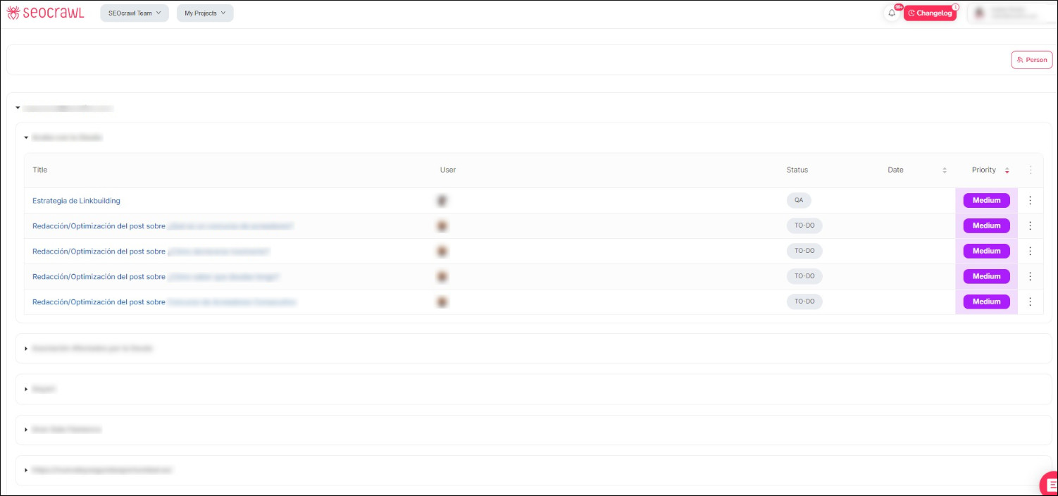 Página de tareas por organización en SEOcrawl