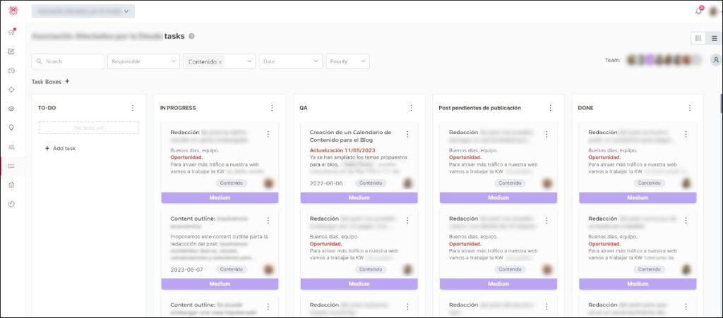 Task manager de contenido en SEOcrawl