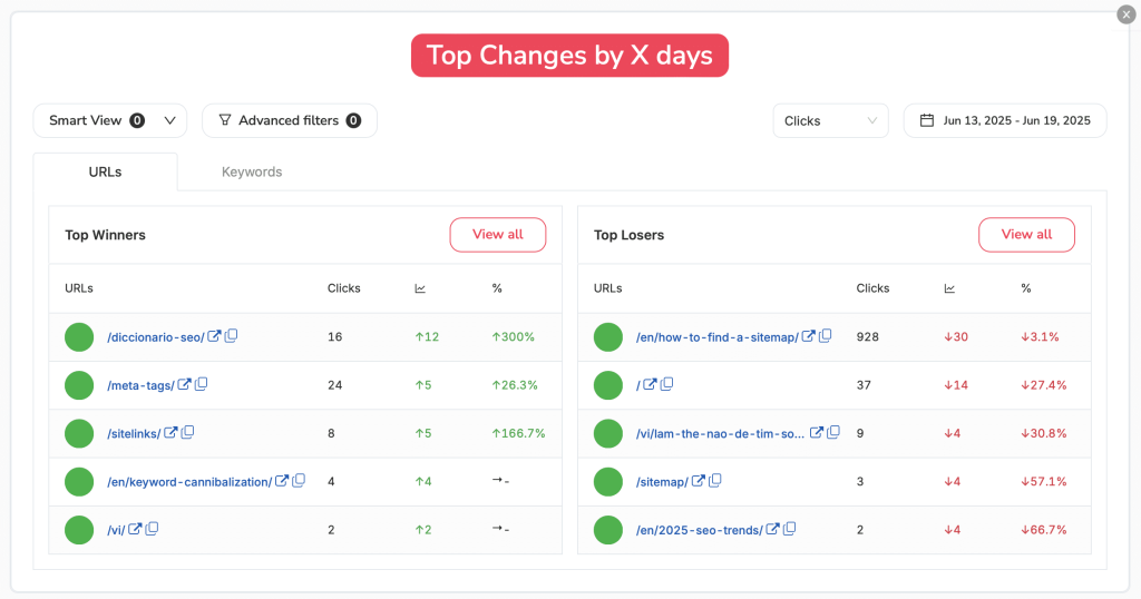 Top SEO Traffic Changes in Keywords and URLs