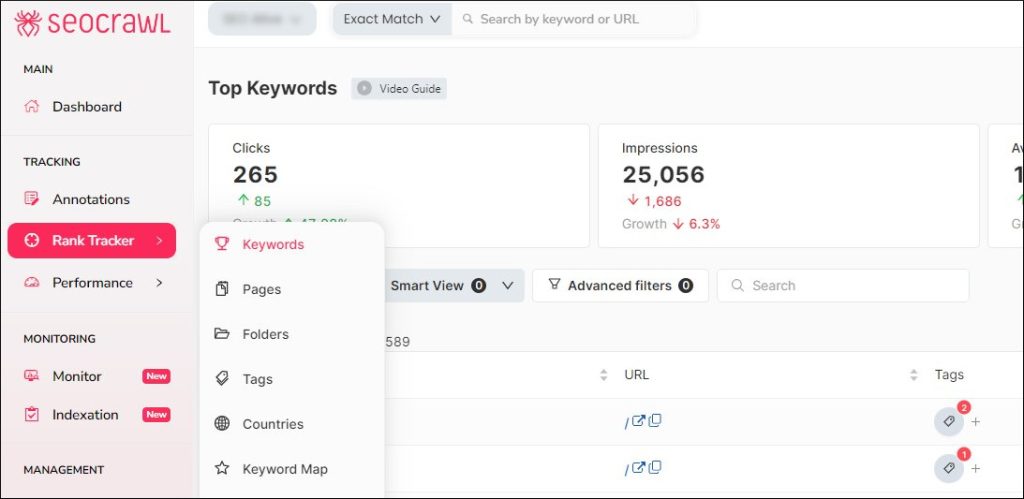 Novedades en la página de Top Keywords de SEOcrawl