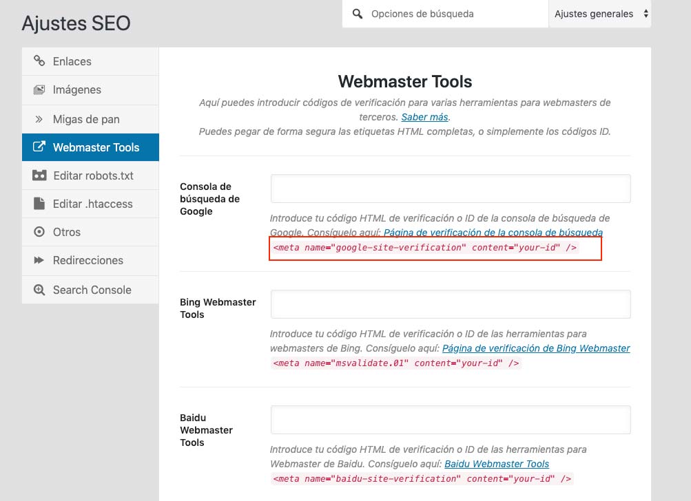 verificacion search console con rank math