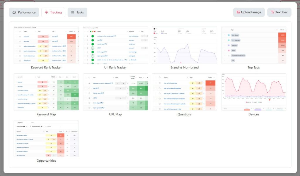 Tracking widgets in SEOcrawl Reporting