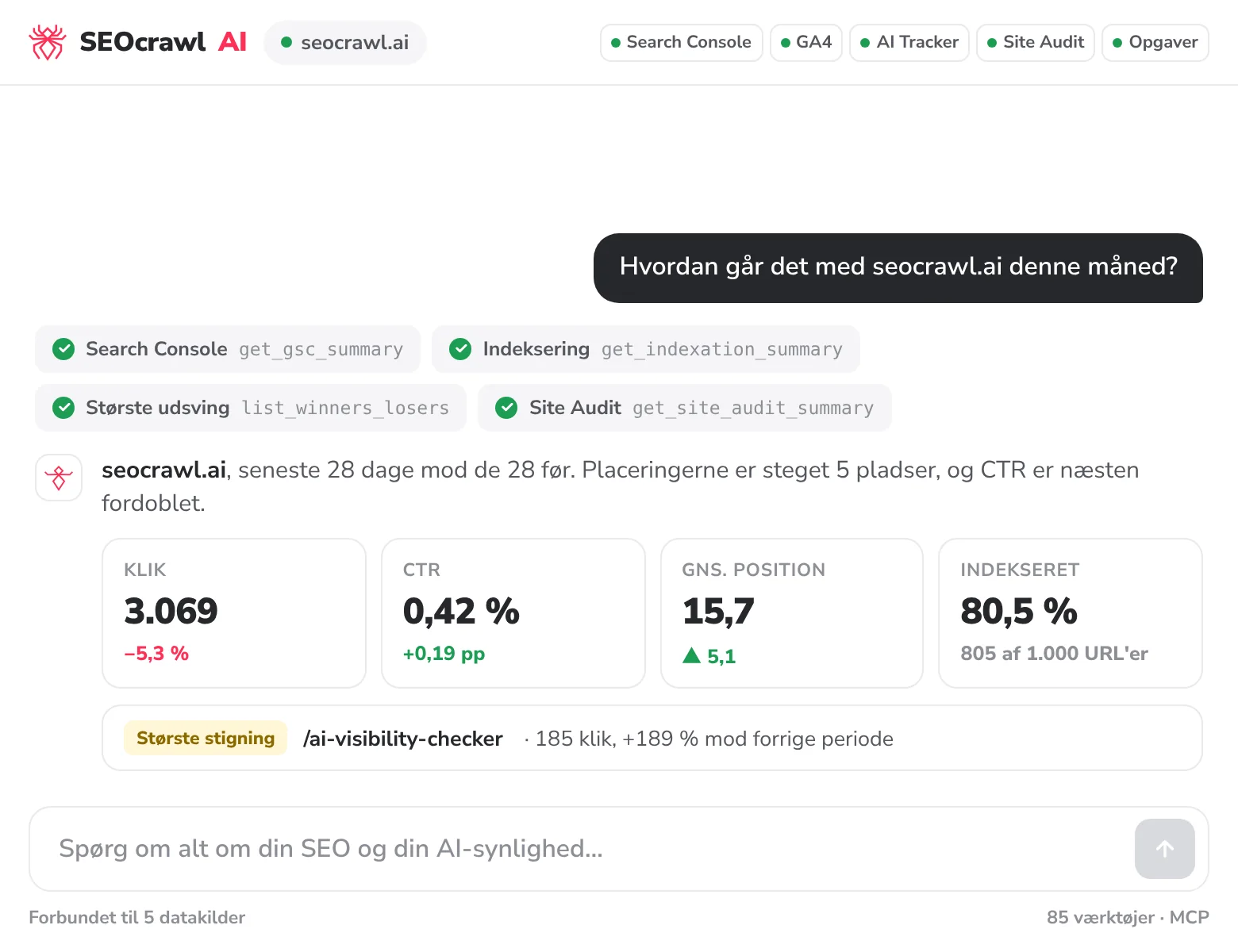 Animeret eksempel: SEOcrawl AI bliver spurgt, hvordan det går med seocrawl.ai, viser klik, CTR, position og indeksering og opretter derefter en opgave og en kunderapport direkte fra chatten