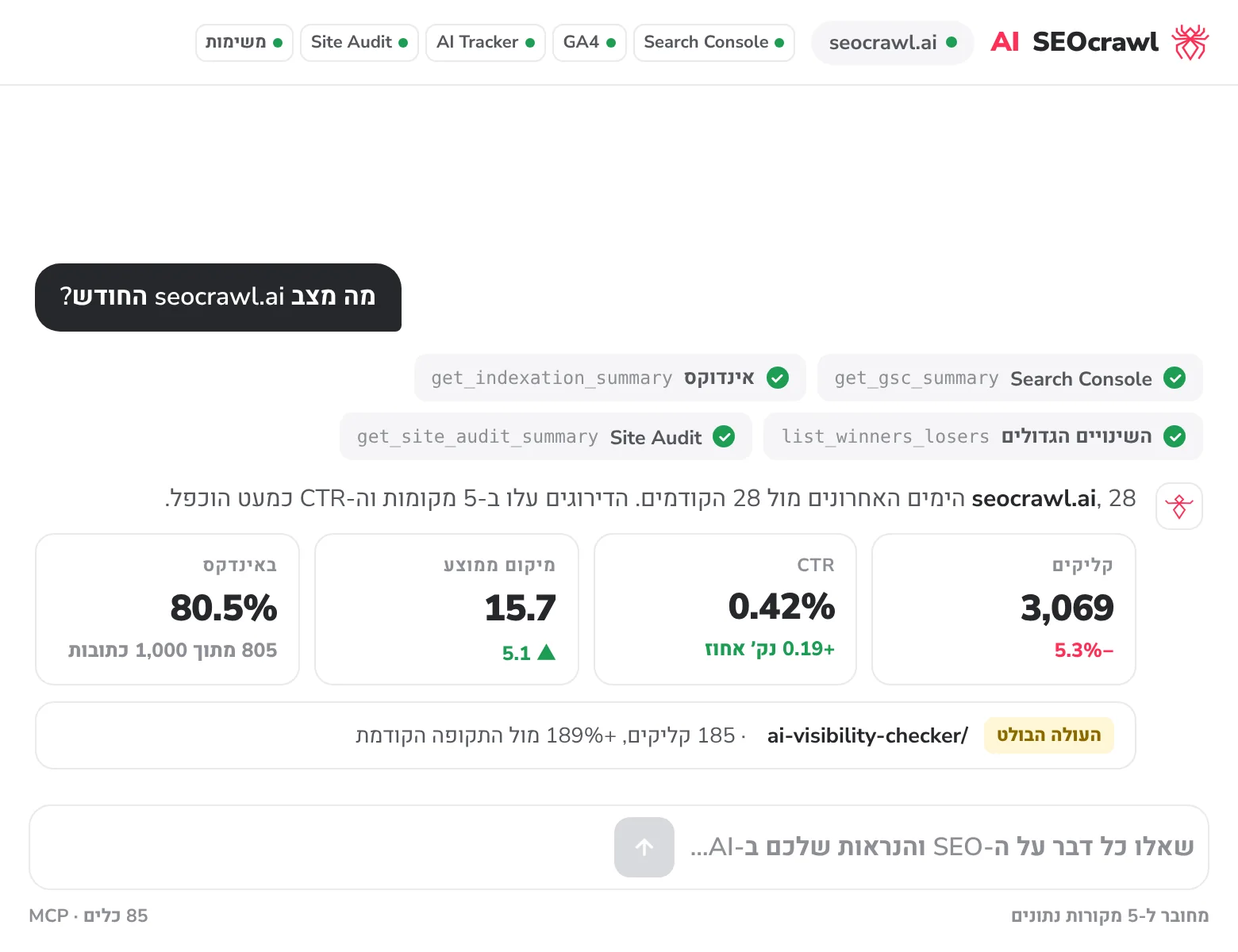 דוגמה מונפשת: שואלים את SEOcrawl AI מה מצב seocrawl.ai, מקבלים קליקים, CTR, מיקום ואינדוקס, ואז יוצרים משימה ודוח ללקוח ישר מהצ׳אט