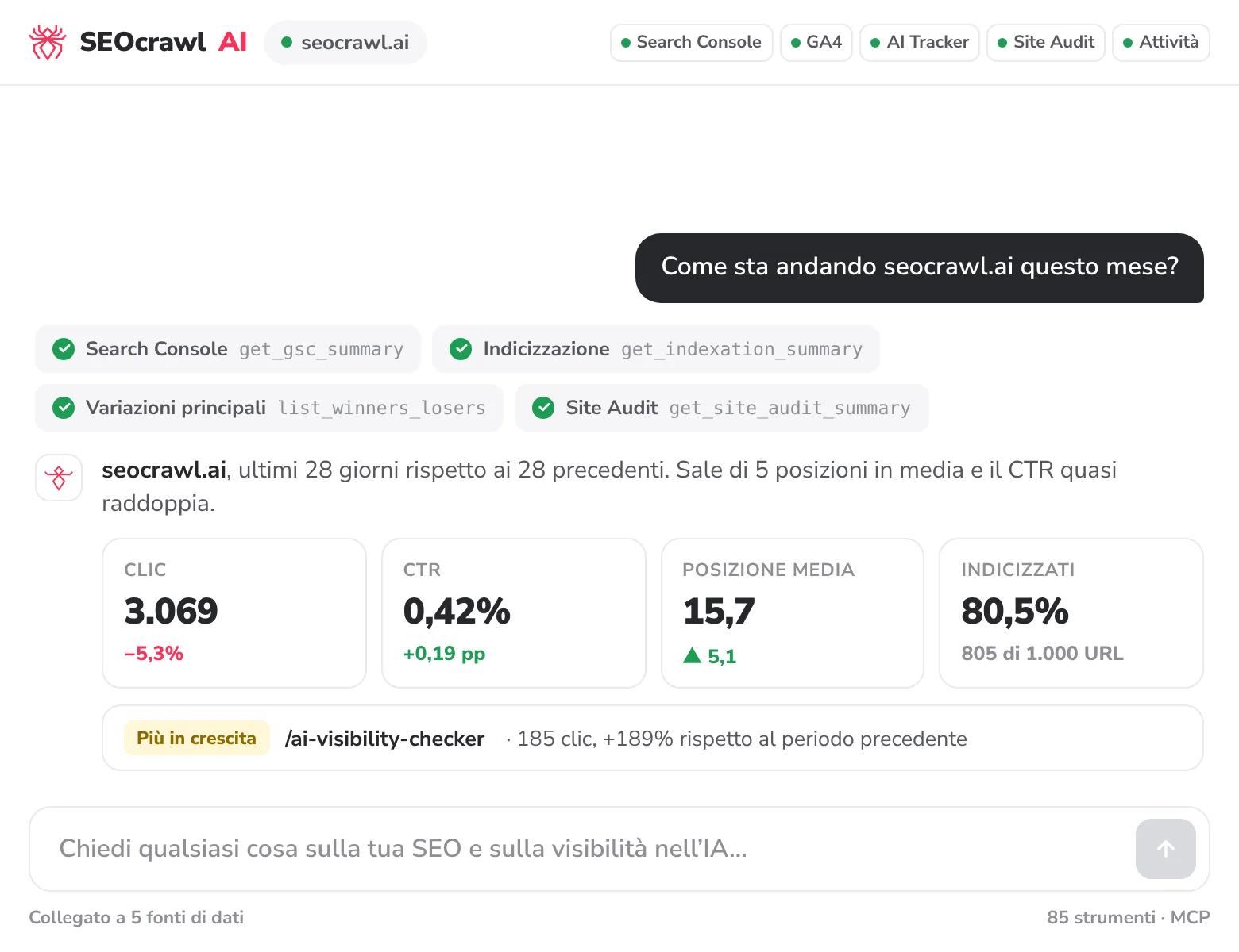Esempio animato: si chiede a SEOcrawl AI come sta andando seocrawl.ai, si ottengono clic, CTR, posizione e indicizzazione e, dalla chat, si crea un’attività e un report per il cliente